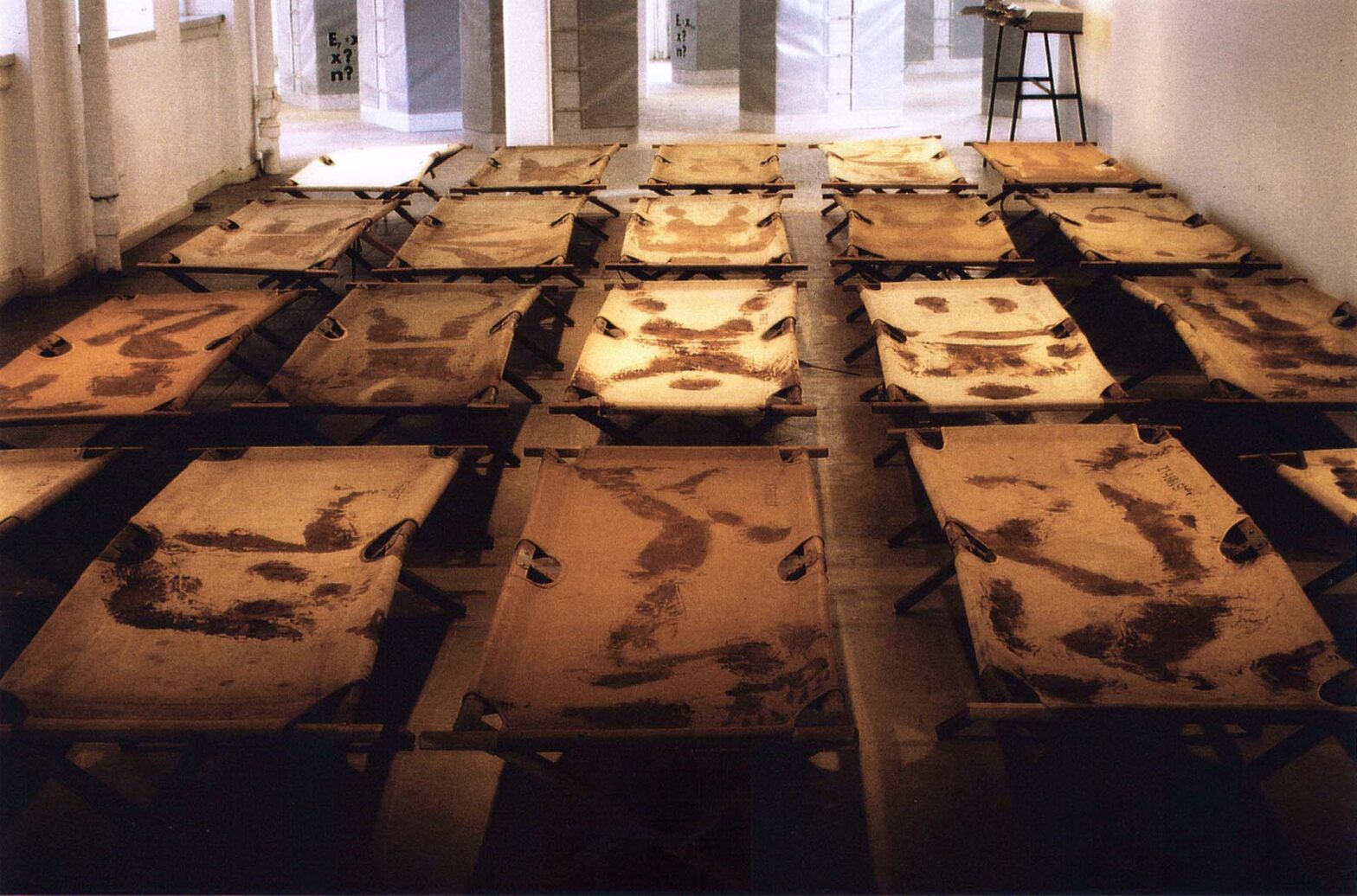 Lager, Second Version, 1992 Body Prints and Stancel Writing on Cots – 24 pieces At the Exhibition Eingerichte, Overgarden Gallery, Copenhagen, 1993